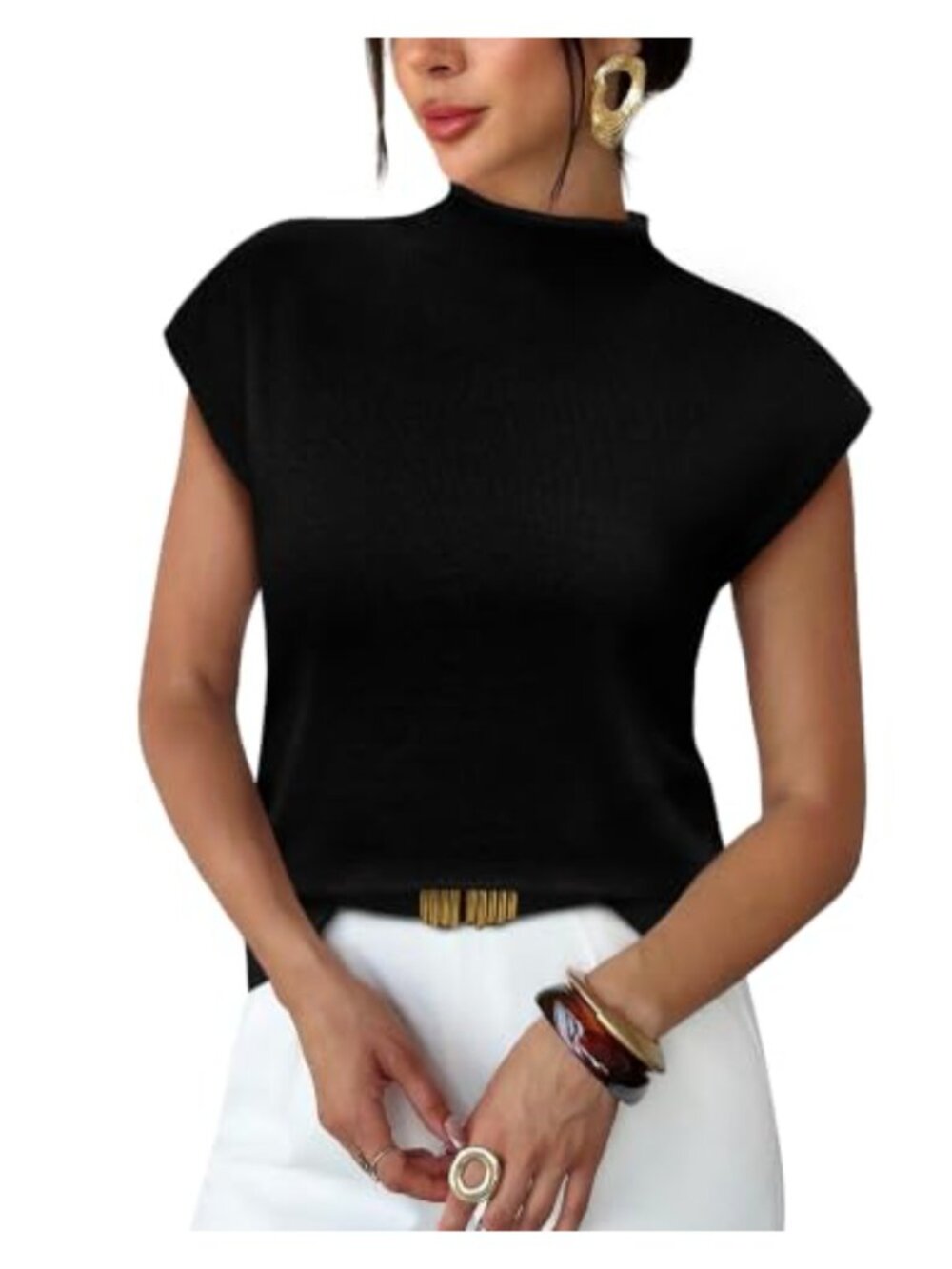 Mock Neck Short Sleeve Knit Sweater Top Cap Sleeve Lightweight Pullover